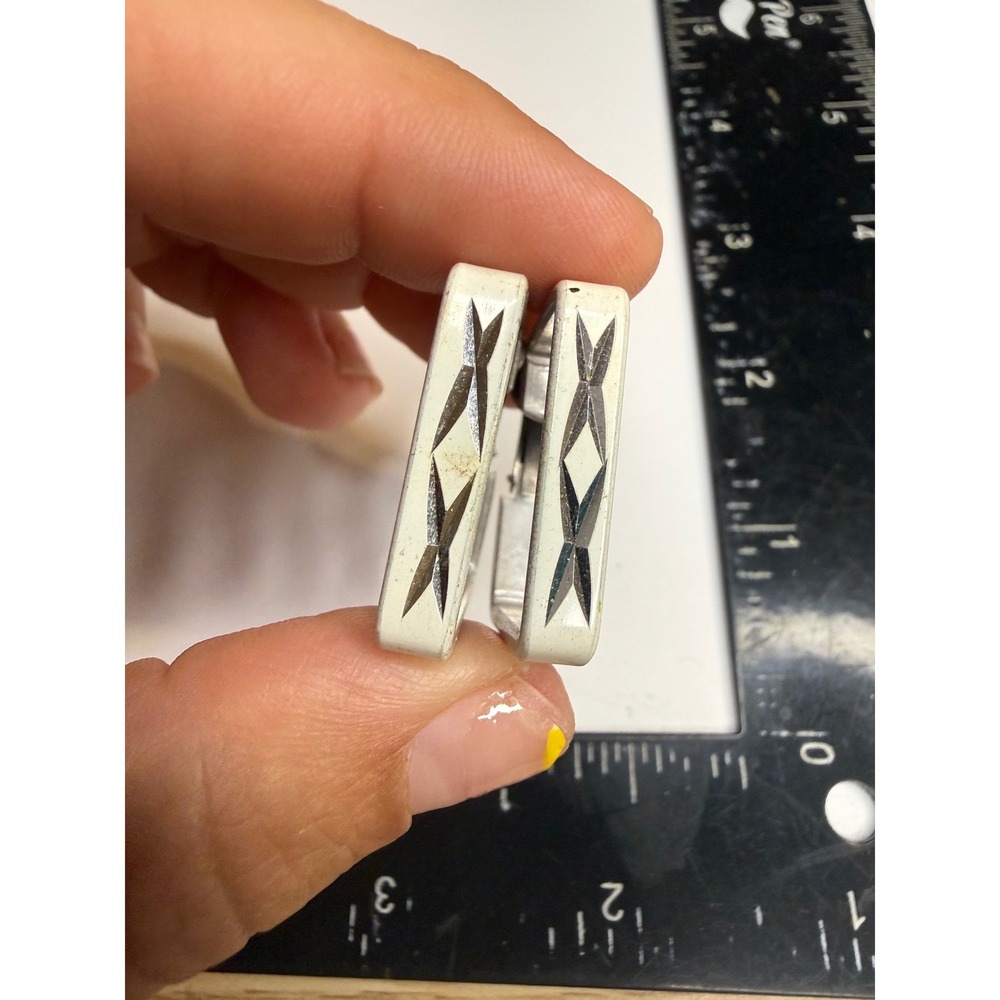 Vintage White Enamel Square Hoop Clip On Earrings Starburst Etched Hong Kong